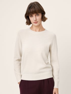 100% Mongolian Cashmere Seamless Ribbed Trims Crewneck Sweater TAWNY - Optic White / XXL