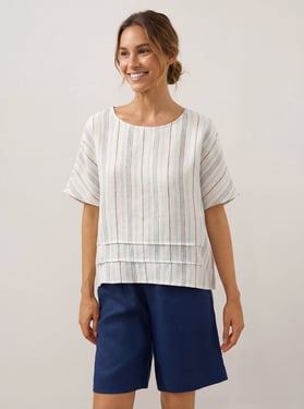 100% Linen Pleated Striped Pullover Top VIA - Breeze Blue / XXL