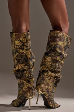 AKIRA Azalea Wang Yardley Multi Gold Rhinestone Covered Open Toe Boot | Black | Size 10
