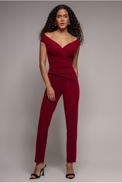 Goddiva Scuba Crepe Wrap Bardot Romper - Wine