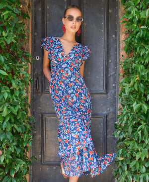 Blue Floral Ruffle Plunge Midi Dress - 18
