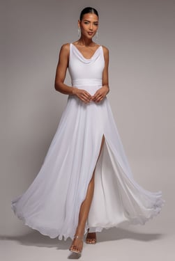 Goddiva Chiffon Cowl Twisted Rope Strap Lace-up Flared Maxi Dress - Ivory