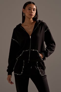 AKIRA Cozy Holiday Rhinestone Zip Up Sweatshirt | Black | Size 1X