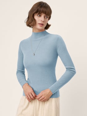 100% Extra-Fine Merino Wool Mock Neck Knit Sweater TIA - Skywash Blue / L