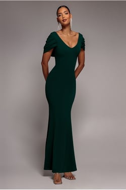 Goddiva V Neck Cowl Back Pleated Sleeve Scuba Maxi Dress - Emerald Green