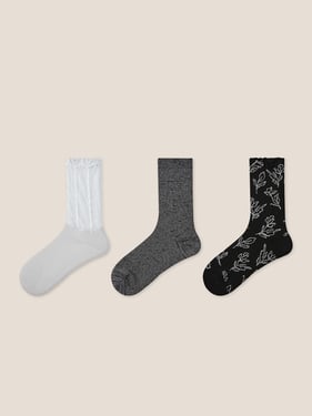 Long-Staple Cotton 3-Pair Floral Embossed Slouch Mid-Calf Sock Set - Moonlit Bloom / One Size