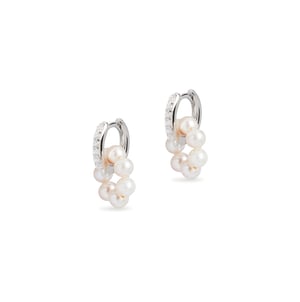 Diamond Huggies and Tiny Circle Pearl Charm Silver Earring Set