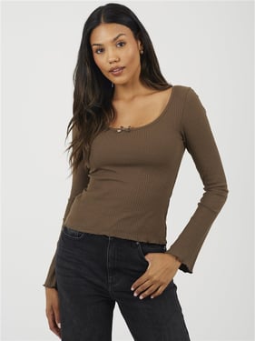 Brave Soul Long Sleeve Rib Top - Truffle - XS