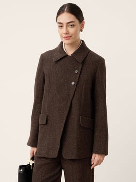 Wool Silk Asymmetric Lapel Double-Breasted Jacket XANTHE - Espresso Brown / XXL