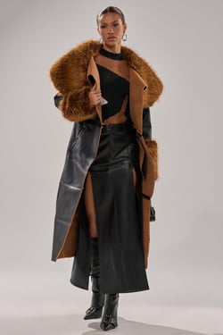 AKIRA Siren Fur Trim Trench Coat | Black | Size XL