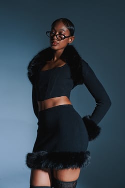 AKIRA Big Mood Fur Trim Mini Skirt | Black | Size XL