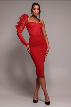 Goddiva One Shoulder Organza  Fan Detail Lace Bodice Midi Dress - Red