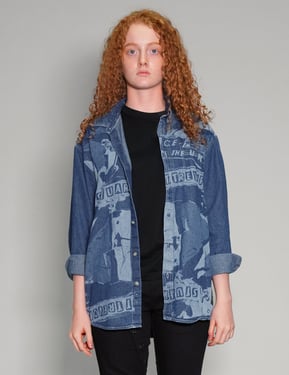 Peace' Laser Print Denim Shirt in Blue