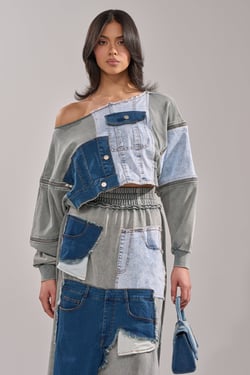 AKIRA Denim Dreams Zipper Detail Sweatshirt | Size 1X