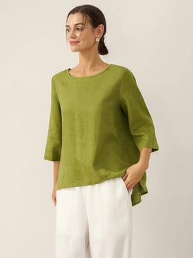 100% Linen Round Neck Asymmetrical Hem Top BRIANNA - Avocado Green / XXL