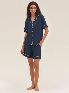 Short Sleeve Bamboo Pajama Set ODESSA - Navy Blue / Sets / XXL