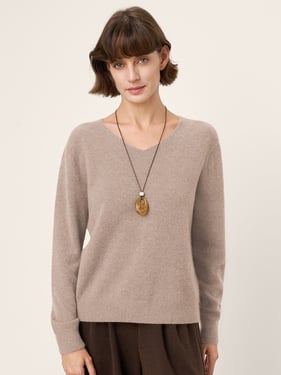 100% Mongolian Cashmere V-Neck Pullover Sweater PIPER - Light Camel / L