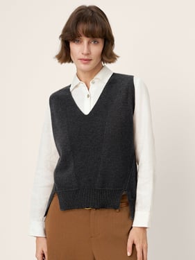 100% Mongolian Cashmere Asymmetric V-Neck Knitted Vest GRACE - Charcoal Grey / L