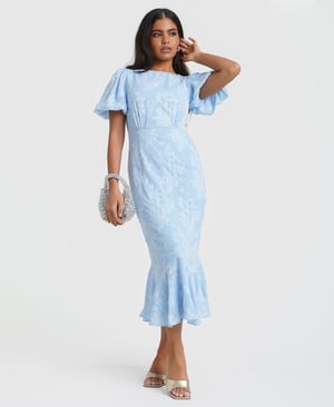 Blue Jacquard Shimmer Puff Sleeve Midi Dress - 20