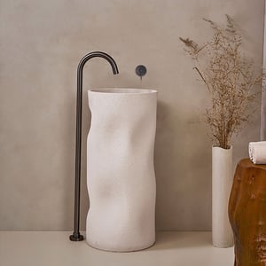 34" Tall Japandi Stone Resin Freestanding Bathroom Sink Cylinder Pedestal Sink in Beige