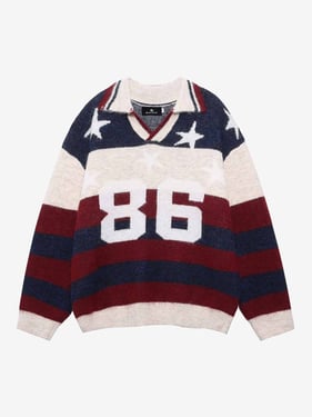 Retro Star Patchwork Striped V-Neck Polo Sweater - Beige / XL