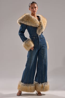 AKIRA Lennox Denim Jumpsuit With Fur Accents | Size 1X