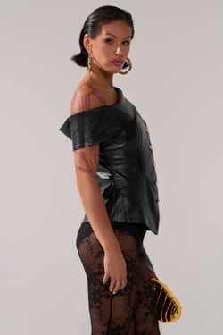 AKIRA You Got Me Feeling Faux Leather Button Down Top | Black | Size 1X