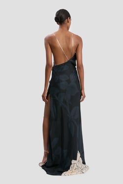 Victoria Beckham Chain Halter Gown In Dark Navy Floral Print - 14 - Womens