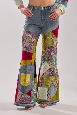 AKIRA Mixed Emotions Brocade Patchwork Flare Denim | Size 1X
