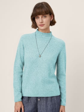 Premium Cashmere Blend Hand-Finished Seamless Mock Neck Lettuce Edge Sweater ZELIE - Soft Teal / XXL