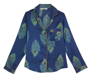 Womens Stand Alone Satin Traditional Pyjama Top, Navy Peacock Feather - 3XL / 22-24 / Blue