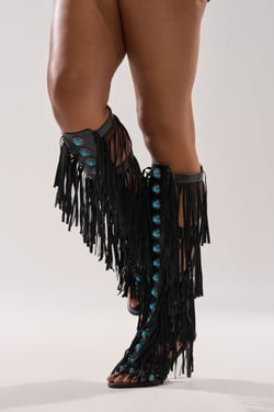 AKIRA Azalea Wang Amadeo Fringe And Turquoise Gladiator Stiletto Sandal | Black | Size 6.5