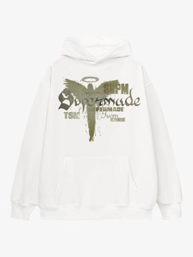 Vintage Washed Angel Halo Distressed Letter Graphic Hoodie - White / 2XL