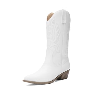 DREAM PAIRS Women   s Embroidered Pointed Toe Mid Calf Western Boots