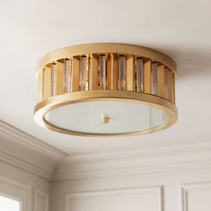 Marcellus IP44 flush ceiling fitting in brass and frosted glass