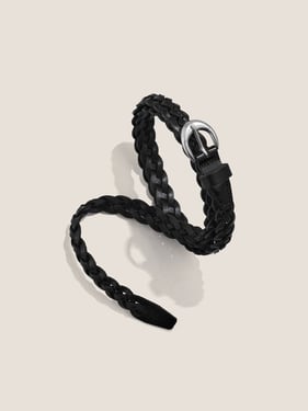 Premium Cowhide Retro Hand-Woven Twisted Thin Belt - Black / One Size