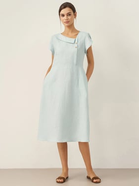 100% Linen Crescent Collar Flutter Sleeve Midi Dress FIONA - Aqua Blue / XXL