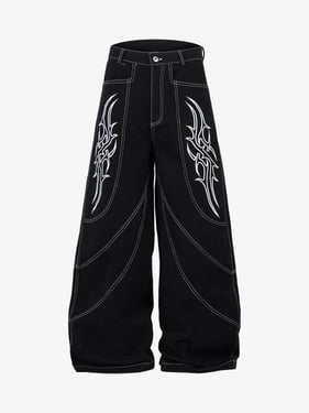 Deconstructed Contrast Embroidered Baggy Jeans - 2330 - Black / 2XL