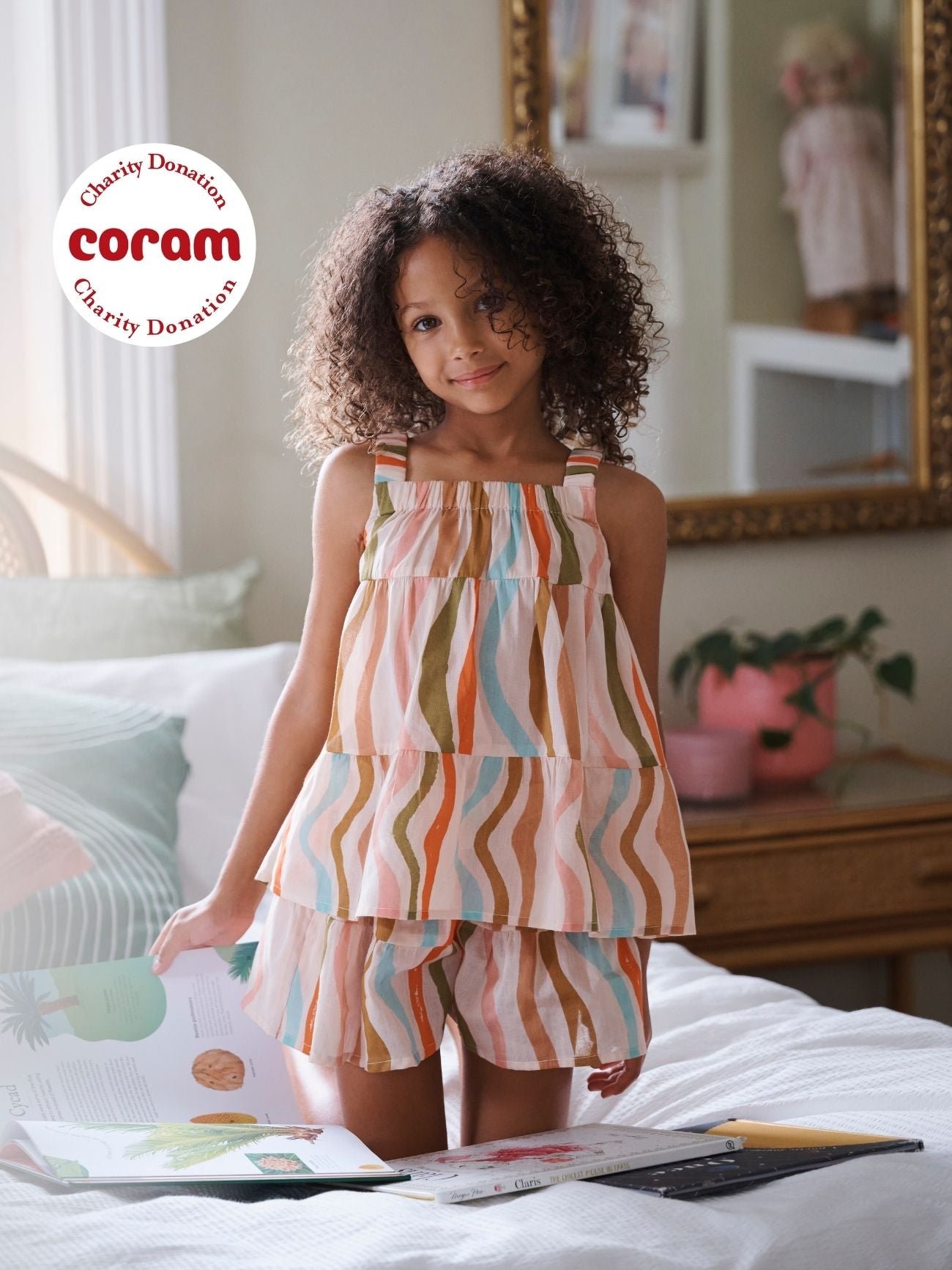 Girls Oatmeal Cream Rainbow Waves Voile Cami & Shorts Pyjama Set - 7-8Y / Oatmeal