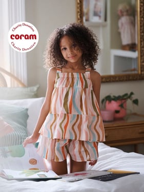 Girls Oatmeal Cream Rainbow Waves Voile Cami & Shorts Pyjama Set - 7-8Y / Oatmeal