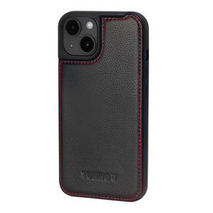 iPhone 15 Plus Leather Bumper Case (with MagSafe Charging) - Black with Red Detail