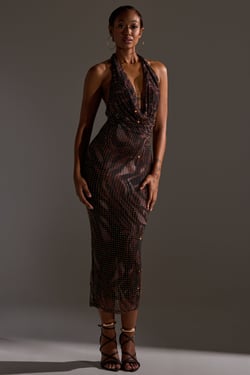 AKIRA Lennon Printed Mesh Rhinestone Midi Dress | Brown | Size 2X