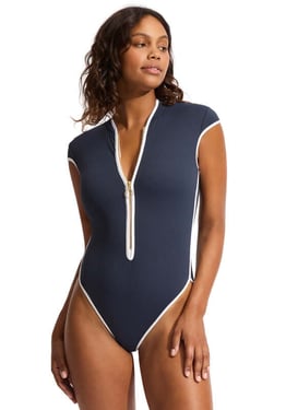 Beach Bound Zip Front Swimsuit Navy - UK 8
