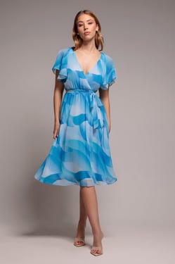Goddiva Printed Flutter Sleeve Chiffon Midi Dress - Light Blue