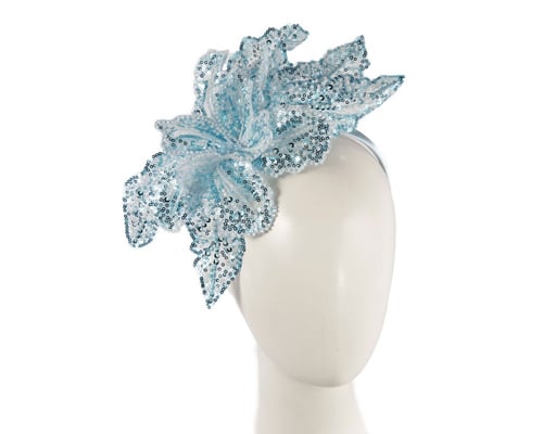 Shiny light blue lace fascinator by Fillies Collection