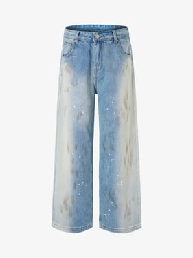Vintage Heavy Splatter Washed Denim Wide Leg Jeans - Blue / 2XL