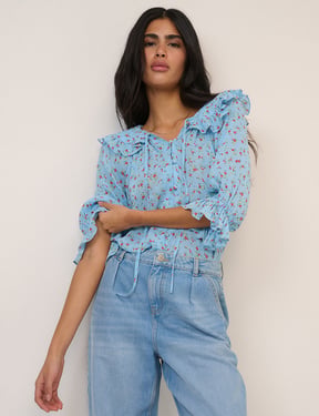Blue Floral Short Sleeve Blouse