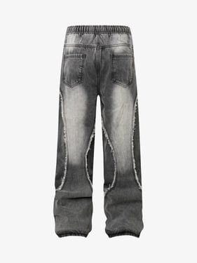 Washed Distressed Raw Edge Drawstring Jeans - Grey / 2XL