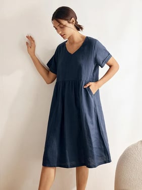 100% Linen V-Neck Waist Ruched Pocket Dress CHARLOTTE - Navy Blue / XXL