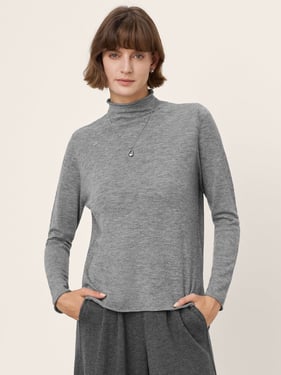 100% Extra-Fine Merino Wool Mock Neck Sweater with Rolled Edge ELA - Slate Gray / L
